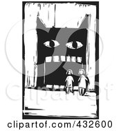 Royalty Free RF Clipart Illustration Of A Black And White Children By A Big Mouthed Monster Woodcut Panel by xunantunich #COLLC432600-0119