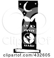 Poster, Art Print Of Black And White Woodcut Styled Monster Eating Earth