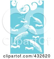 Poster, Art Print Of Pirate Ship And Whales With Banners On Blue