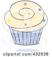Royalty Free RF Clipart Illustration Of A Cupcake With Sprinkles And Vanilla Frosting In A Blue Wrapper