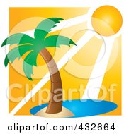 Royalty Free RF Clipart Illustration Of A Sun Shining Down On A Lone Palm Tree On An Island