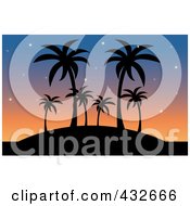 Royalty Free RF Clipart Illustration Of A Silhouetted Hill With Palm Trees Against A Sunset Sky by Pams Clipart