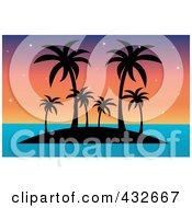 Royalty Free RF Clipart Illustration Of A Silhouetted Tropical Island With Palm Trees Against A Colorful Sunset