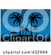 Royalty Free RF Clip Art Illustration Of A Silhouetted Tropical Island With Palm Trees And An Umbrella Against A Starry Blue Sky by Pams Clipart