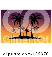 Royalty Free RF Clipart Illustration Of A Silhouetted Tropical Island With Palm Trees Against A Sunset Sky