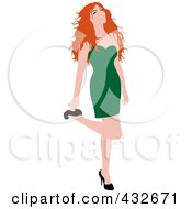 Poster, Art Print Of Red Black Haired Woman In A Green Dress Lifting Her Leg And Grabbing Her Heel