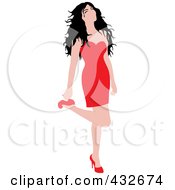 Sexy Black Haired Woman In A Red Dress Lifting Her Leg And Grabbing Her Heel