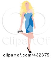Poster, Art Print Of Sexy Blond Woman In A Blue Dress Lifting Her Leg And Grabbing Her Heel