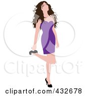 Poster, Art Print Of Sexy Black Haired Woman In A Purple Dress Lifting Her Leg And Grabbing Her Heel