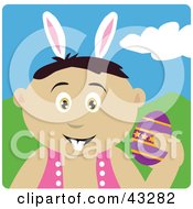 Poster, Art Print Of Mexican Boy Wearing Bunny Ears And Holding An Easter Egg