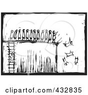 Royalty Free RF Clipart Illustration Of A Black And White Woodcut Styled Scene Of A Person Climbing A Ladder And People Pushing Others Off Of A Platform To Make Room