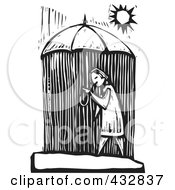 Poster, Art Print Of Black And White Woodcut Styled Woman Walking Under An Umbrella And Getting Rained On
