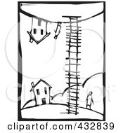 Black And White Woodcut Styled Scene Of A Person Looking Up A Ladder At Someone By A House