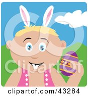 Poster, Art Print Of Caucasian Boy Wearing Bunny Ears And Holding An Easter Egg