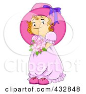 Royalty Free RF Clipart Illustration Of A Cute Girl In A Pink Dress And Hat Holding Flowers