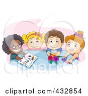 Happy Preschool Children Offering Drawings Candy And Flowers At A Table Over Pink