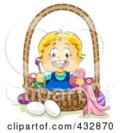 Poster, Art Print Of Happy Blond Baby Painting Easter Eggs In A Basket