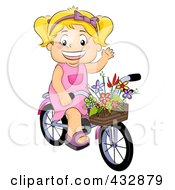 Royalty Free RF Clipart Illustration Of A Cute Girl Waving And Riding A Bike With Flowers In Her Basket