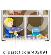 Poster, Art Print Of Happy Boy Reading An Astronomy Book And Sitting In A Book Shelf