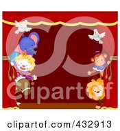 Royalty Free RF Clipart Illustration Of Circus Animals Peeking Around A Red Stage Curtain