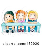 Royalty Free RF Clipart Illustration Of A Little Girl Raising Her Hand And Sitting By Two Boys In Class