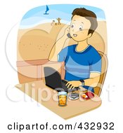 Poster, Art Print Of Young Man Talking On A Cell Phone And Using A Laptop On A Beach Balcony