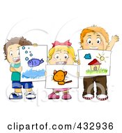 Royalty Free RF Clipart Illustration Of Preschool Kids Holding Up Their Art