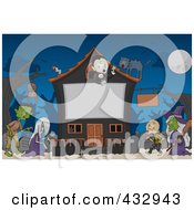 Poster, Art Print Of Halloween Monsters By A Haunted House With A Blank Sign