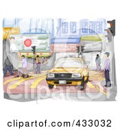 Royalty Free RF Clipart Illustration Of A Sketch Of A Taxi On An Urban Street by BNP Design Studio