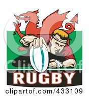 Royalty Free RF Clipart Illustration Of A Rugby Man Grounding The Ball Over A Whales Flag