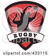 Royalty Free RF Clipart Illustration Of Silhouetted Rugby Men Over A Red Shield