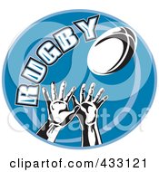Royalty Free RF Clipart Illustration Of A Hands Reaching For A Rugby Ball On A Blue Oval