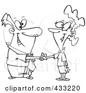 Royalty Free RF Clipart Illustration Of Coloring Page Line Art Of A Cartoon Businessman Shaking Hands With A Businesswoman