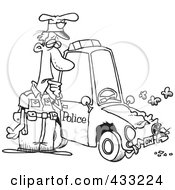 Poster, Art Print Of Coloring Page Line Art Of A Patrol Officer Staring At His Beat Up Car