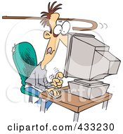 Royalty Free RF Clipart Illustration Of A Cane Reaching To Pull An Addicted Caucasian Man Away From A Computer by toonaday