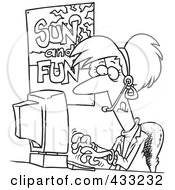 Royalty Free RF Clipart Illustration Of Coloring Page Line Art Of A Female Travel Agent Booking A Vacation For A Customer