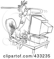 Royalty Free RF Clipart Illustration Of Coloring Page Line Art Of A Cane Reaching To Pull An Addicted Man Away From A Computer by toonaday