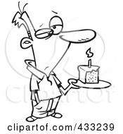 Royalty Free RF Clipart Illustration Of Coloring Page Line Art Of A Grumpy Birthday Man Holding A Slice Of Cake