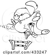Royalty Free RF Clipart Illustration Of Coloring Page Line Art Of A Dog Catching A Ball And Leaping A Hurdle In An Agility Course