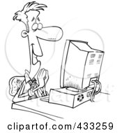 Royalty Free RF Clipart Illustration Of Coloring Page Line Art Of A Pleased Cartoon Businessman Sitting In Front Of A Computer by toonaday