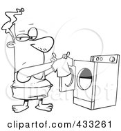 Royalty Free RF Clipart Illustration Of Coloring Page Line Art Of A Man Holding A Tiny Shirt Fresh Out Of The Dryer