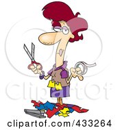 Royalty Free RF Clipart Illustration Of A Woman Holding Tape And Scissors And Standing In Paper Scraps