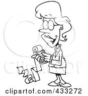 Royalty Free RF Clipart Illustration Of Coloring Page Line Art Of A Female Cartoon Accountant Holding A Calculator With A Long Strip Of Paper