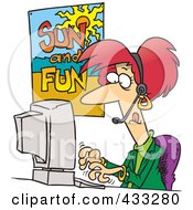 Royalty Free RF Clipart Illustration Of A Caucasian Female Travel Agent Booking A Vacation For A Customer by toonaday