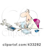 Busy Cartoon Accountant Using A Calculator At His Desk