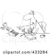 Royalty Free RF Clipart Illustration Of Coloring Page Line Art Of A Busy Cartoon Accountant Using A Calculator At His Desk