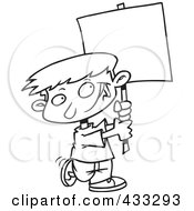 Poster, Art Print Of Coloring Page Line Art Of A Happy Boy Advertising With A Blank Sign