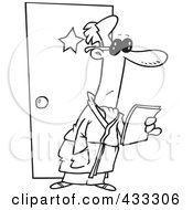 Royalty Free RF Clipart Illustration Of Coloring Page Line Art Of A Male Actor Reading A Letter Outside His Dressing Room