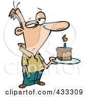 Poster, Art Print Of Grumpy Birthday Cartoon Man Holding A Slice Of Cake