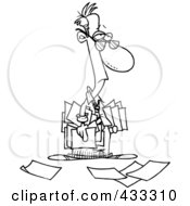 Royalty Free RF Clipart Illustration Of Coloring Page Line Art Of A Depressed Cartoon Businessman Carrying And Dropping Documents